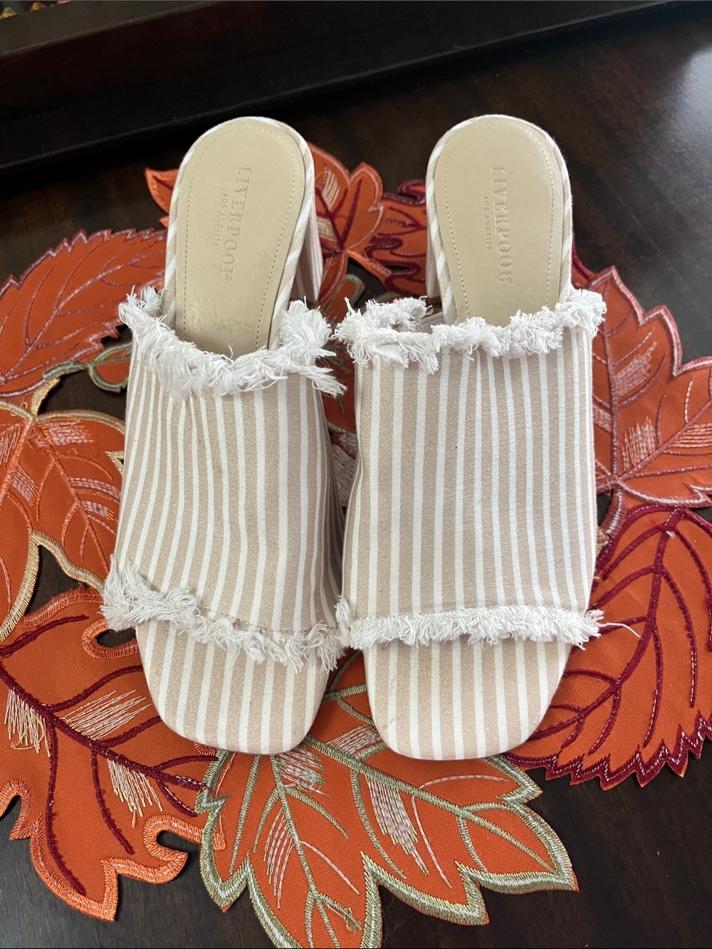 Liverpool Beige and White Striped Fringe Slide Mules